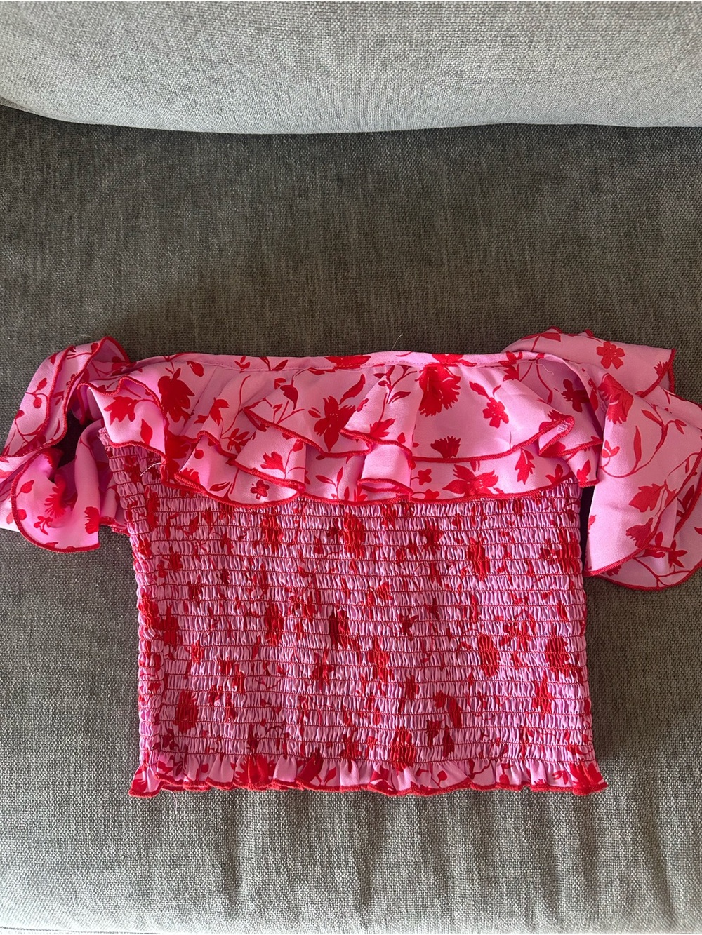 Likely Pink and Red Floral Smocked Off-Shoulder Top